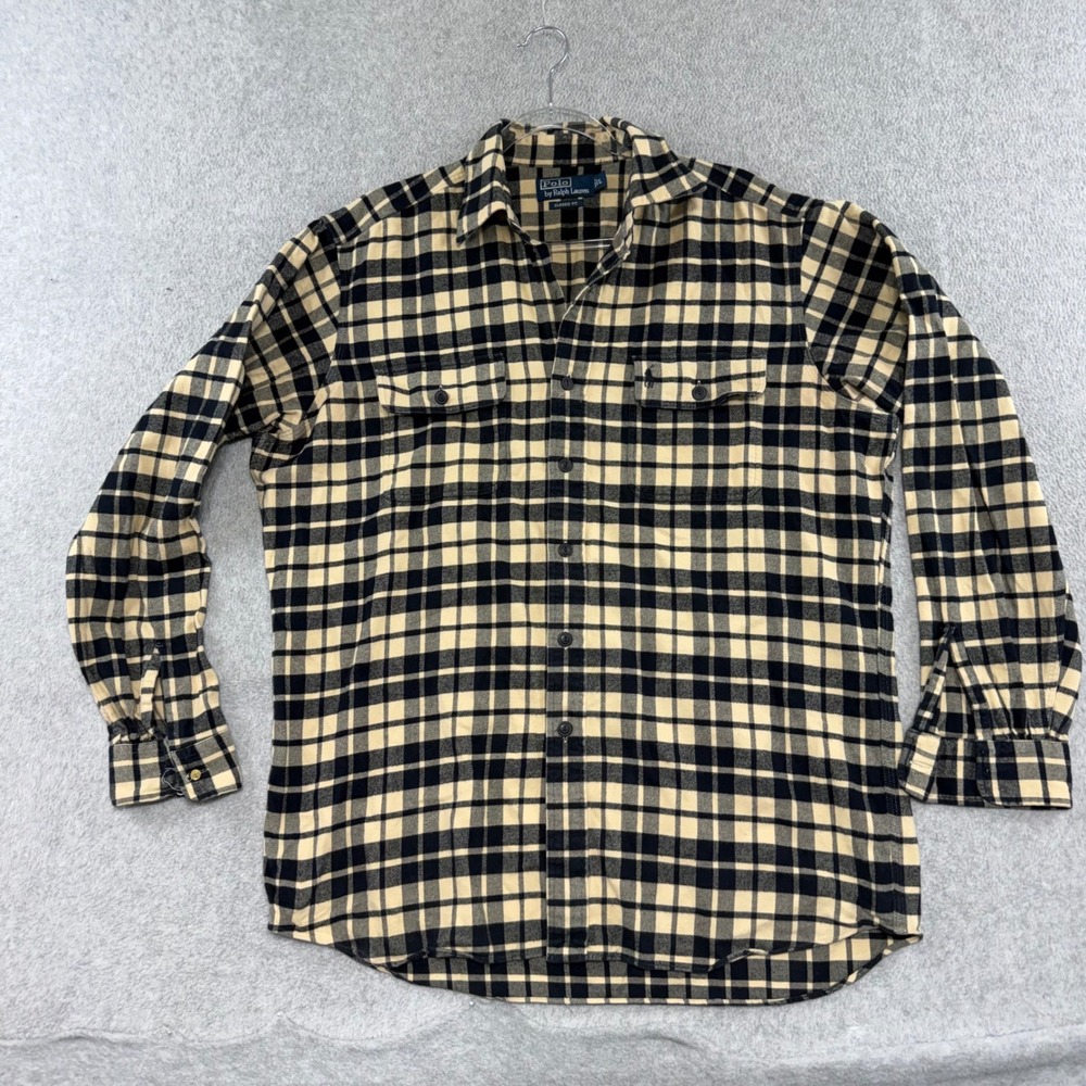Polo Ralph Lauren Flannel Shirt Mens L Pocket Tan Black Plaid Classic Fit Cotton